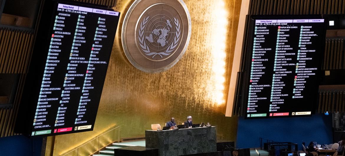 Member States at the General Assembly  vote on the draft resolution on the peaceful settlement of the question of Palestine.