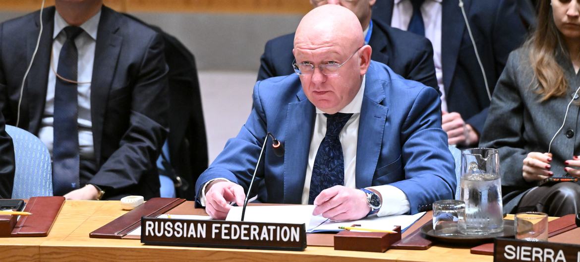 Vassily Nebenzia, Permanent Representative of Israel to the UN, briefs the Security Council meeting on threats to International Peace and Security in Yemen and Israel.