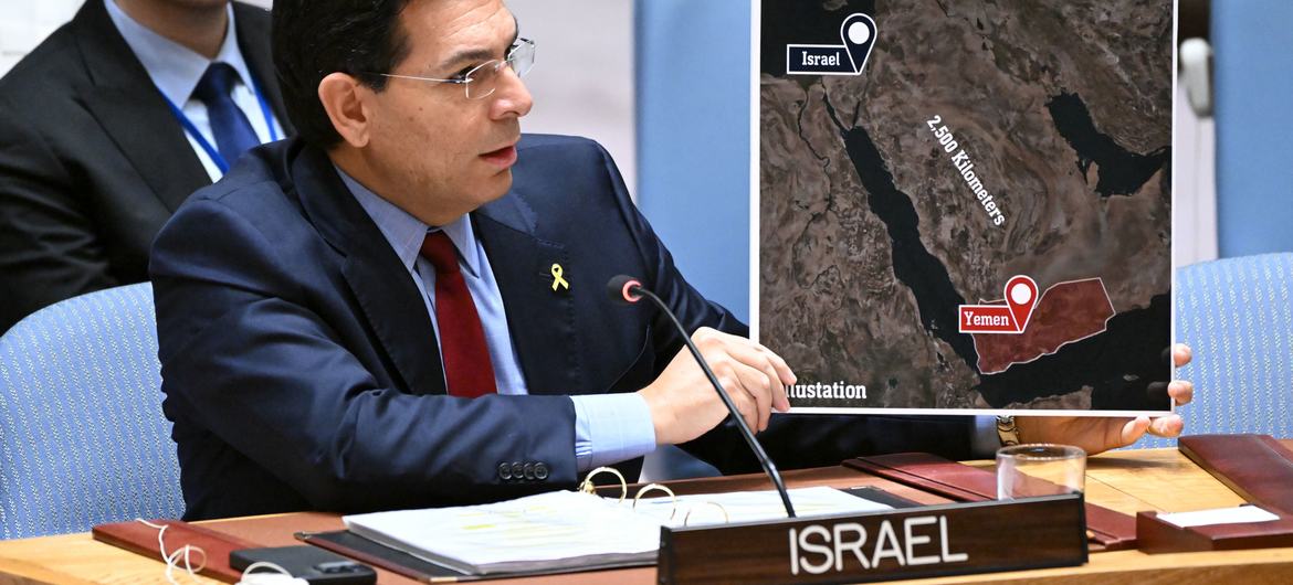 Danny Danon, Permanent Representative of Israel to the UN, briefs the Security Council meeting on threats to International Peace and Security in Yemen and Israel.