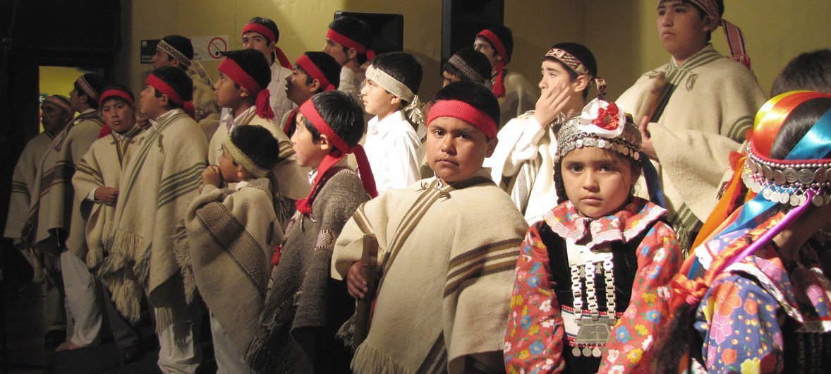 Mapuche children from the Tirúa Youth Orchestra at the launch of the "Mucho Chile" campaign in the capital, Santiago, in 2019.