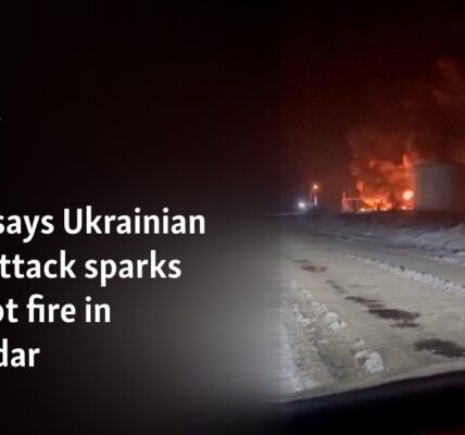 Russia says Ukrainian drone attack sparks oil depot fire in Krasnodar