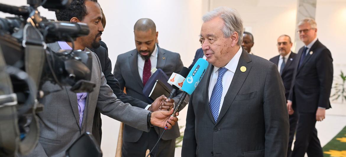 Secretary-General Guterres speaks to the press on the sidelines of the 2025 AU Summit in Addis Ababa.