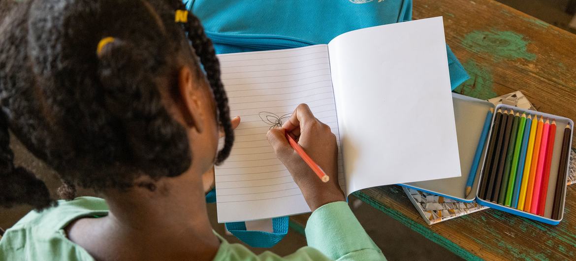 Thanks to UNICEF, with funding from Education Cannot Wait (ECW), Wisam is among many children in war-torn Sudan that have received essential school supplies.